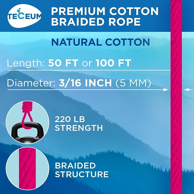 TECEUM Cotton Rope 3/16” (5 mm) – 50 FT – Strong All-Purpose Braided Rope – Natural Cotton – for Crafting, Сamping, Clothes Line, DIY, Indoor & Outdoor Use – Bright Pink