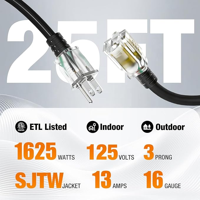 25 FT Outdoor Extension Cord Waterproof, 16/3 Gauge Heavy Duty 3 Prong Power Cord with Lighted Indicator End, 13A 125V 1625W SJTW, ETL Listed, Great for Lawn/Garden/Home(Black)