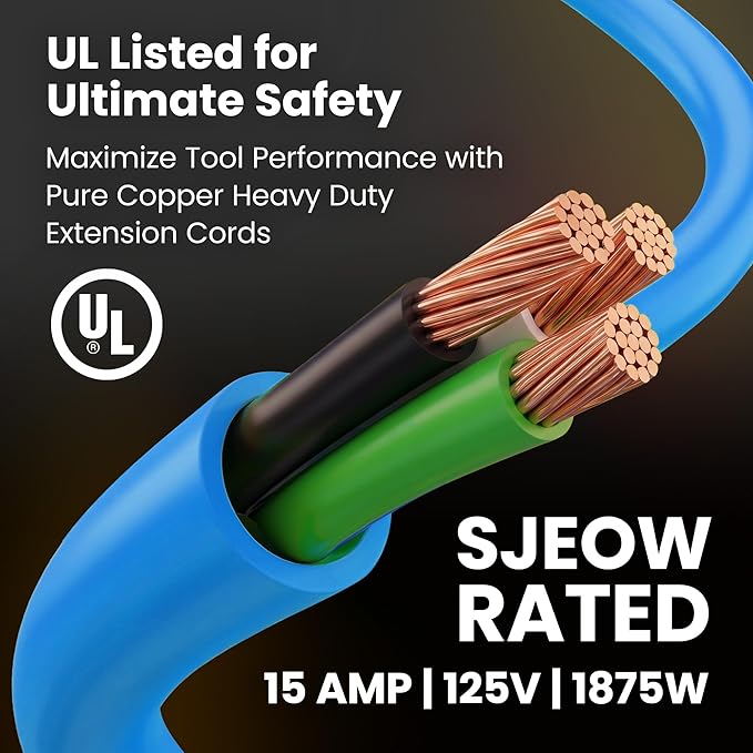 GEARit 100 Ft Extension Cords 14/3 Gauge Outdoor/Indoor SJTW 14 AWG 3 Prong Heavy Duty Power Cable 13A 125V 1625W for Lawn, Garden, Appliances Blue