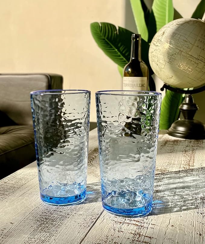 KLIFA- NICE- 20 ounce, Set of 6, Acrylic Highball Drinking Glasses, BPA-Free, Stackable Plastic Drinkware, Dishwasher Safe Cups, Blue