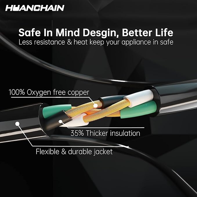 HUANCHAIN Indoor Outdoor Black Extension Cord 6 ft Waterproof, 16/3 Gauge Flexible Cold-Resistant Appliance Extension Cord Outside, 13A 1625W 16AWG SJTW, 3 Prong Electric Cable, ETL