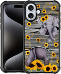 for iPhone 16 Case, Cute Little Elephant Sunflower White Line Art Pattern Graphic Design Girl Boy Soft Silicone Hard Acrylic Shock Protection for iPhone 16