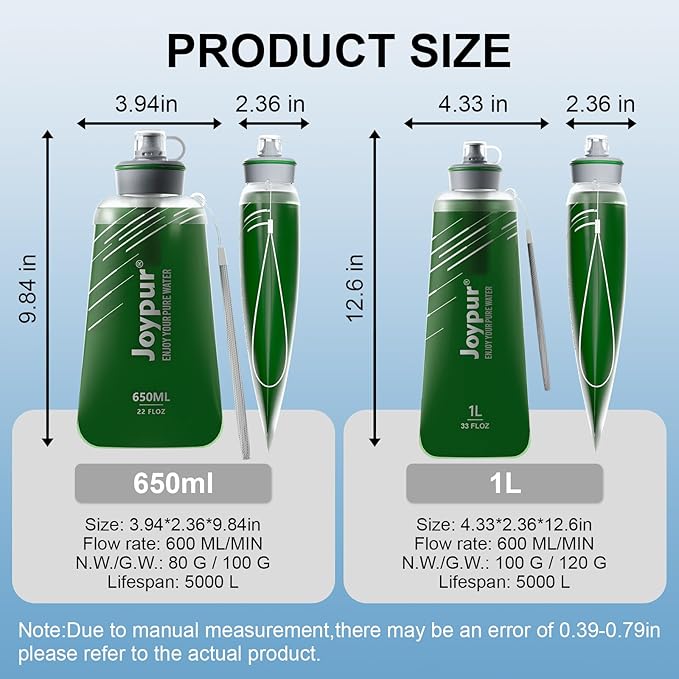 Water Filter Survival - Collapsible Water Bottle with Filter 0.01 Micron Squeeze Filtered Water Bottle 22oz for Hiking Backpacking Camping BPA-Free(Green 650ml)