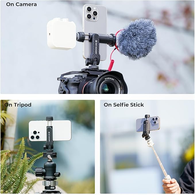 K&F CONCEPT Phone Tripod Mount, Universal Smartphone Adapter with 2 Cold Shoe Mount, Adjustable Cellphone Holder for Horizontal and Vertical Shooting, Compatible with iPhone/Samsung and All Phones
