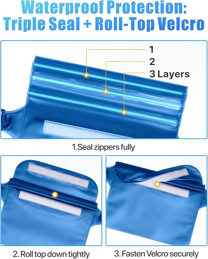 F-color Waterproof Fanny Pack - Cruise Essentials 2026 - Waterproof Pouch with Adjustable Waist Strap, Triple Zipper Roll-Top Dry Bag for Phone, Keep Passport Valuables Dry for Beach Kayaking Boating