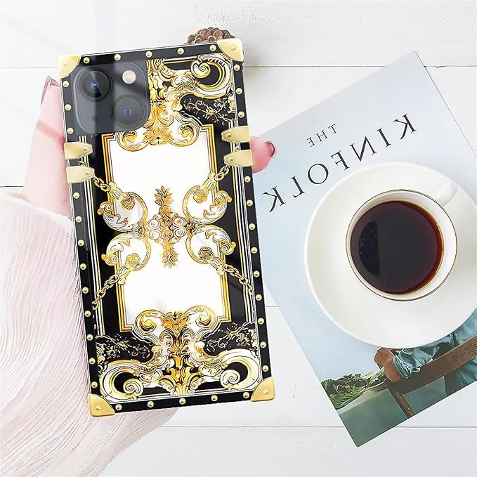 Compatible with iPhone 15 Case, Gold Grain Flowers Luxury Golden Decoration for Girl Women Soft TPU Shockproof Protective Hard PC Back for iPhone 15