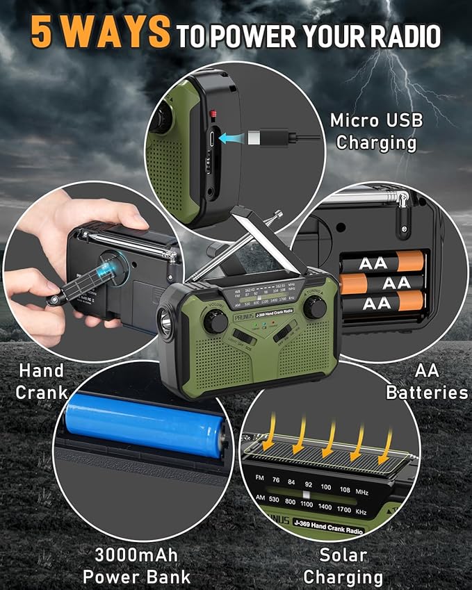 PRUNUS J-369 11100mWh Emergency Weather Radio, AA Batteries/Hand Crank/Solar/USB Charging, NOAA/AM/FM, LED Flashlight and Reading Lamp,SOS Alarm & Flashlight Portable