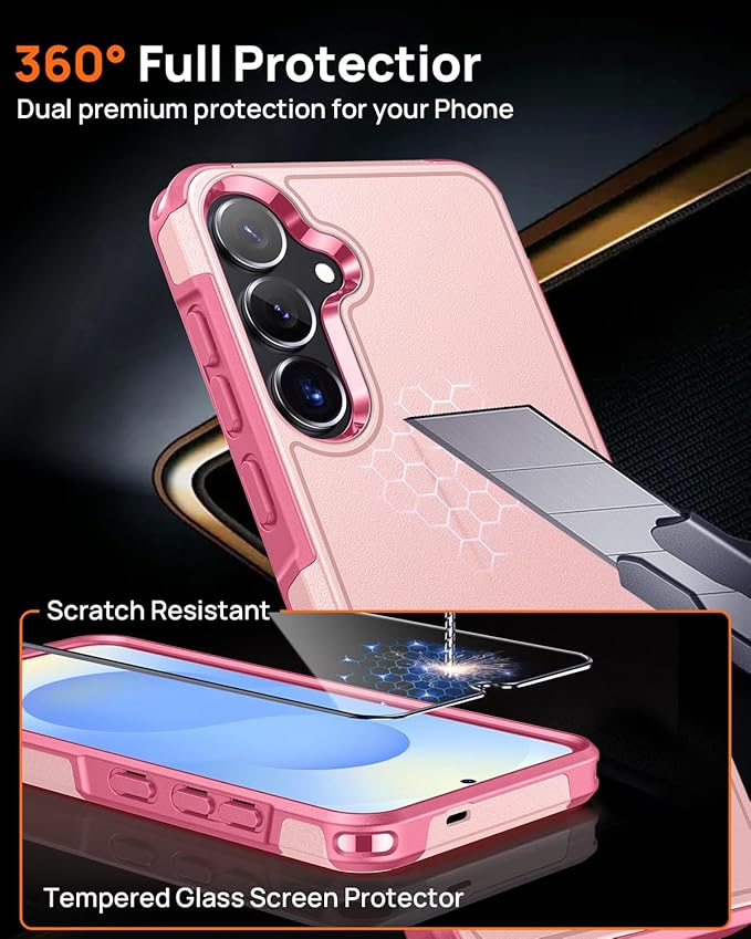 Lanhiem for Samsung Galaxy S25 S24 Phone Case with Tempered Glass Screen Protector, Shock Absorption, Anti-Scratch Shockproof Case Cover for Samsung S25 S24, Pink
