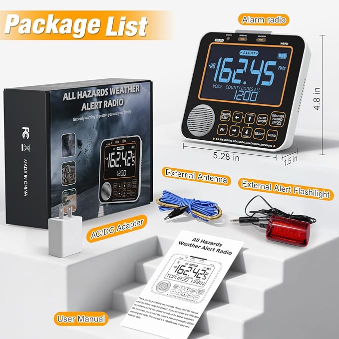 NOAA Weather Alert Radio for Home - S.A.M.E. Localized Programming, 23 Country Codes & 75+ Emergency Alerts NOAA Weather Radio with Battery Backup External Antenna and Warning Light for Home
