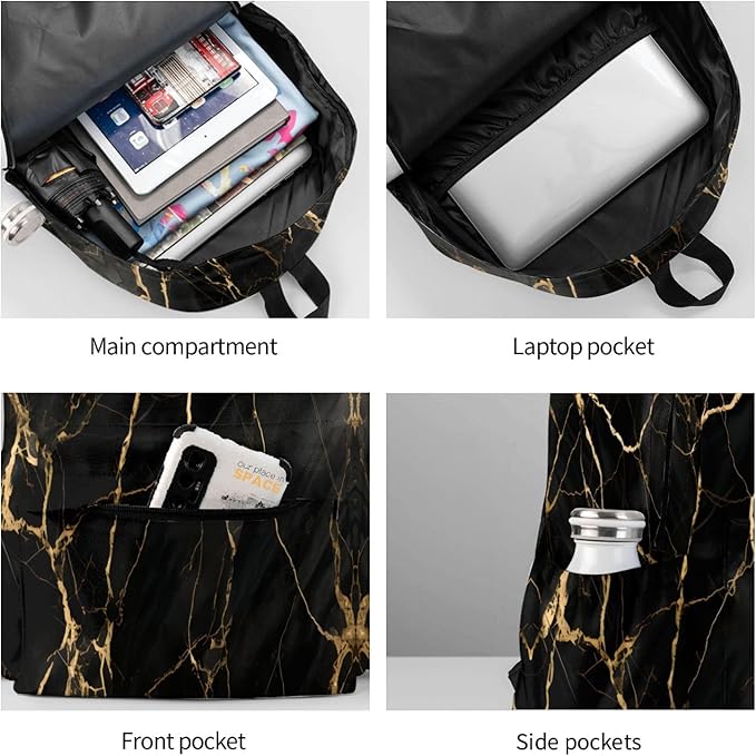 cfpolar 17 Inch Backpack Black & Gold Marble Art Laptop Bag Shoulder Bag School Bookbag Casual Daypack For Boys Girls