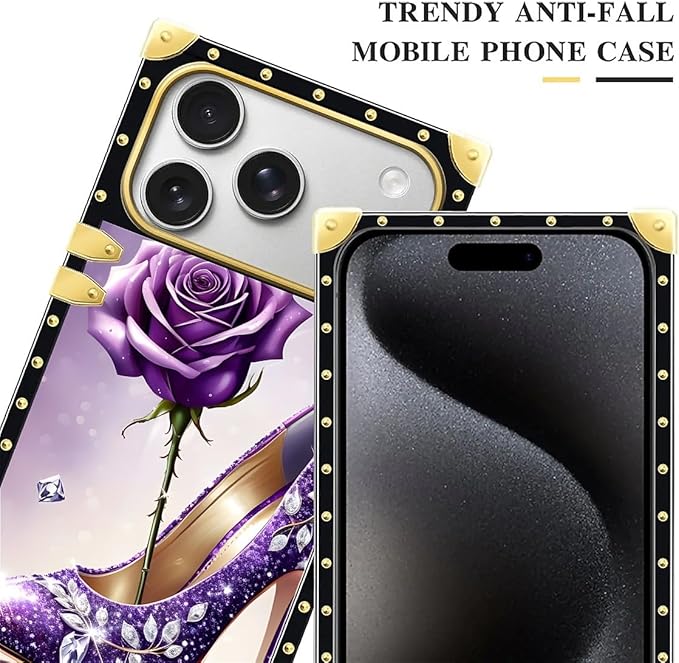 for iPhone 17 Pro Max Case Luxury Golden Decoration for Girl Women Soft TPU Shockproof Protective Hard PC Back for iPhone 17 Pro Max Crazy Pattern High Heeled Purple Diamond Rose