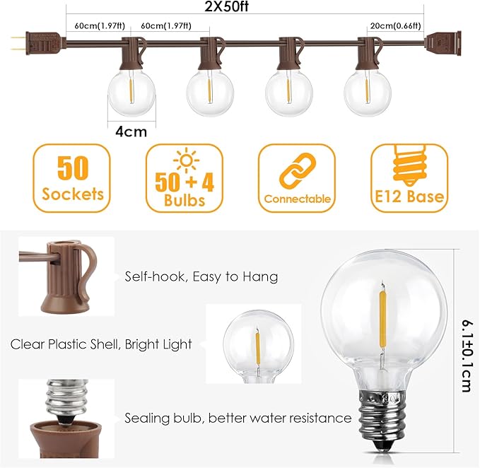 Mlambert 100Ft(2x50Ft) Outdoor String Lights, G40 Globe Patio Lights with 50+4 Waterproof LED Hanging Plastic Bulbs for Cafe Balcony Party-Brown Wire