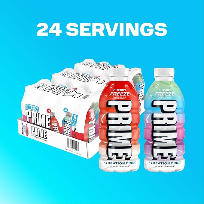 PRIME Hydration Cherry Freeze & Future Freeze Sports Drinks with Coconut Water, Electrolyte Enhanced to Replenish Fluids, Zero Added Sugar, B Vitamins, Antioxidants, Natural Flavors, 12 Fl Oz 24 Pack