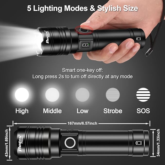 PHIXTON Rechargeable Flashlights 100000 High Lumens Long Range 3280 FT, Super Bright USB C LED Flashlight Long Lasting 15 Hours, Powerful Multifunctional Strong Flash Lights, for Camping