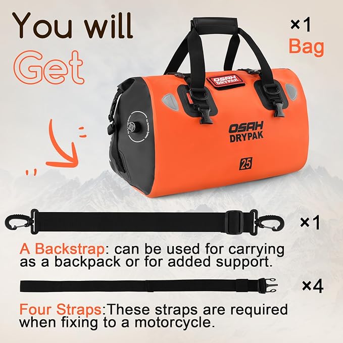 OSAH DRYPAK Waterproof Duffel Bag - Motorcycle Dry Bag Tail Bag with Large Storage Space, Waterproof Luggage Duffle Bags with Outer Mesh Zipper Pocket for Camping, Kayaking, Fishing & Traveling