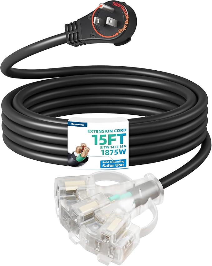 DEWENWILS 360° Rotating Flat Plug Extension Cord 15FT, 14/3 Gauge 3 Prong Grounded Power Cord, Lighted Triple Outlet Hook Design, 125V/15A/1875W, for Outdoor/Indoor, Black, ETL Listed