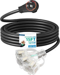 DEWENWILS 360° Rotating Flat Plug Extension Cord 15FT, 14/3 Gauge 3 Prong Grounded Power Cord, Lighted Triple Outlet Hook Design, 125V/15A/1875W, for Outdoor/Indoor, Black, ETL Listed