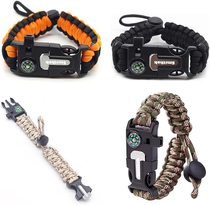 Smithok Paracord Survival Bracelet-Length Adjustable,Loud Whistle Emergency Compass Survival Fire Starter Scraper Accessories for Hiking and Camping and Hunting 4-Pack(Muti-Color)