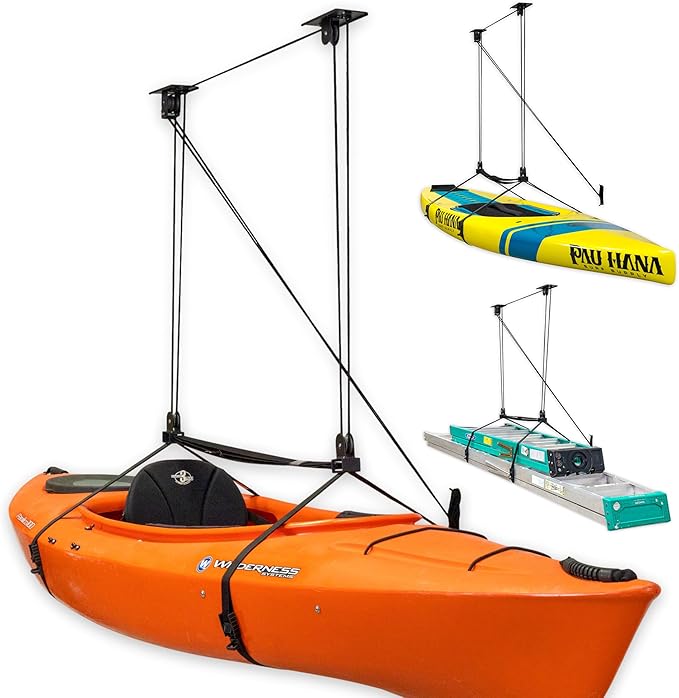 StoreYourBoard Kayak and Canoe Ceiling Hoist – Overhead Garage Storage Rack for Kayaks, Canoes, and Paddle Gear – Heavy Duty Pulley System Indoor Ceiling Mount