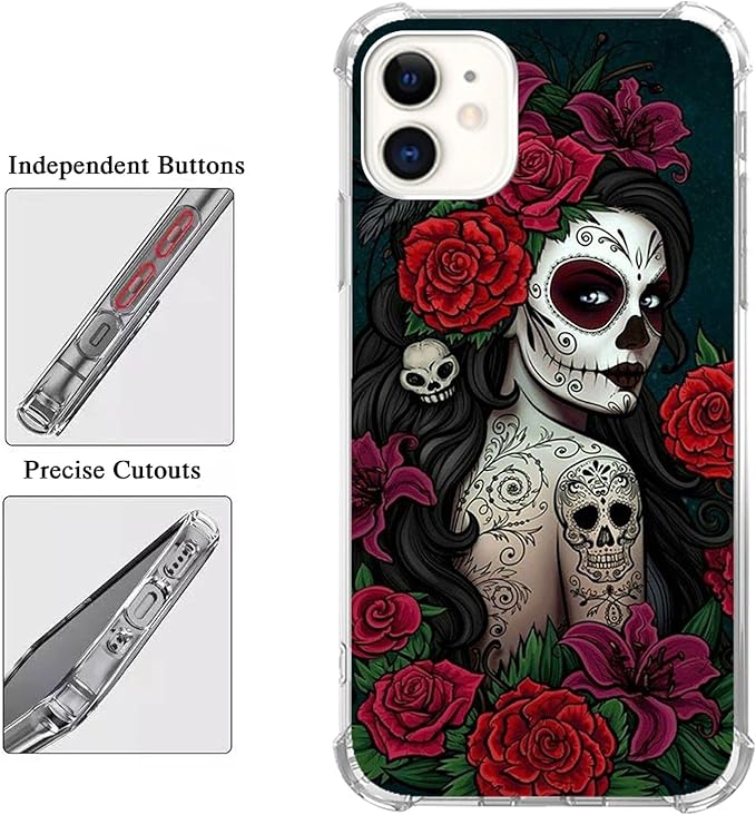 Sugar Skull Girl Case for iPhone 11,Skull and Flowers Pattern Unique Design Slim Shockproof TPU Bumper Protective Cover Case for iPhone 11
