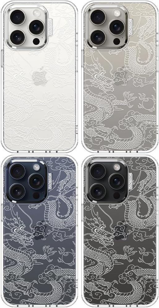 MOSNOVO Case for iPhone 15 Pro, [Buffertech 6.6ft Military-Grade Drop Protection] [Anti Peel Off Tech] Clear TPU Bumper Phone Case Cover Design - White Dragon