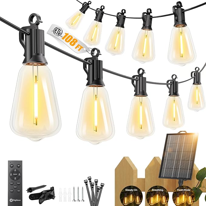 Brightown 108FT Solar String Lights Outdoor Waterproof, Patio Lights with Remote and 50+2 LED Shatterproof Bulbs, Dimmable & Timable, 3 Light Modes, Solar Lights Outdoor for Yard Garden Camping Party