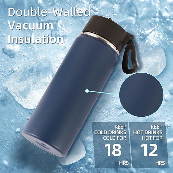 Volhoply 18oz Insulated Water Bottle Bulk 4 Pack,Kids Stainless Steel Water Bottles with Straw Lid,Wide Mouth Reusable Metal Bottle,Double Wall Vacuum Sports Flask for Cold Drink(Navy,4 Set)