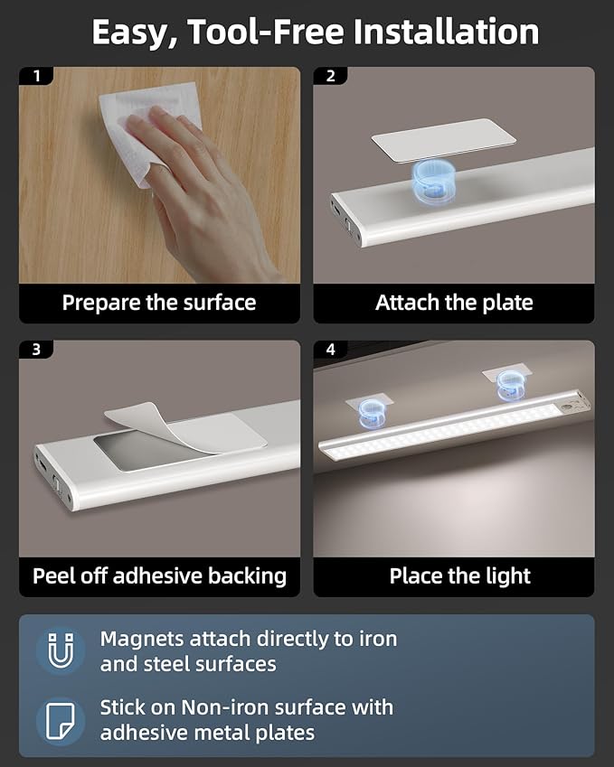 17" Under Cabinet Lights, Motion Sensor Light, Wireless Closet Lights, 4000mAh Rechargeable, Magnetic, 5 Levels Dimmable, 62 LEDs Super Bright Under Counter Lights for Kitchen (2 Pack)