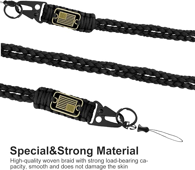 2 Pcs Stylish and Durable Lanyard for Keys - Heavy Duty Paracord Neck Lanyard with USA Flag Design for Wallets, Whistles, Cameras, and Phones - Perfect for Outdoor Activities[Black]