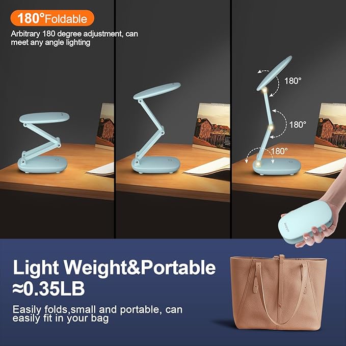 Akejrym LED Desk Lamp for Office Home & Battery Operated Lamp Rechargeable Lamp Foldable & Portable Light, [2-Fold Bracket] 3 Brightness Dimmable Small Desk Lamp Wireless Reading Lamp (Green)