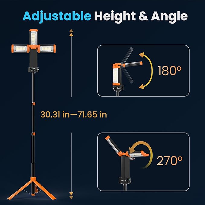 CAVN Rechargeable Camping Lights with Remote & Detachable Tripod Max Height 6.0 ft, Portable Work Light with 3 LED Lamp Heads, Camping Essentials Gear Emergency Flashlight with Hook, Orange