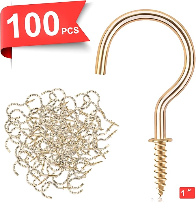 Cup Screw Hooks,100 Pack 1 inch Metal Screw in Ceiling Plant Hanger Wind Chimes Kitchen Cup Hooks Great for Hanging Indoor & Outdoor Use(Golden)