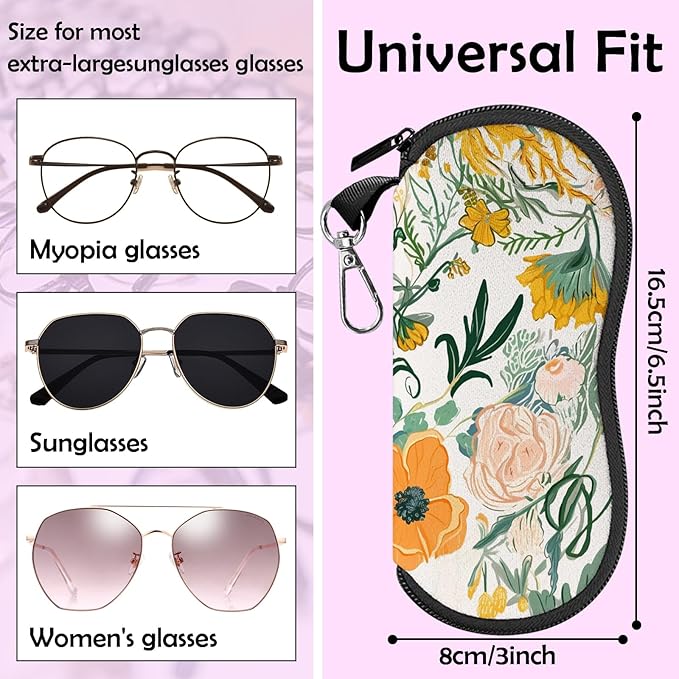 Glasses Case Sunglasses Eyeglass Soft Case Zipper Light Neoprene Pouch with Metal Belt Clip Aesthetic Cute Women Men