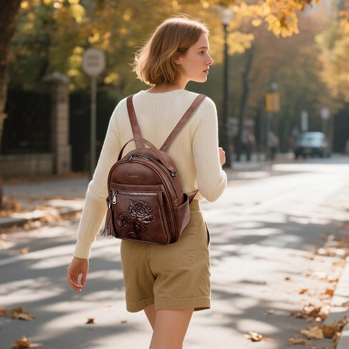 Mini Backpack Purse for Women,Embossed Leather Small Backpack Fashion Travel Backpacks Daypacks Shoulder Handbag (COFFEE-Flower)