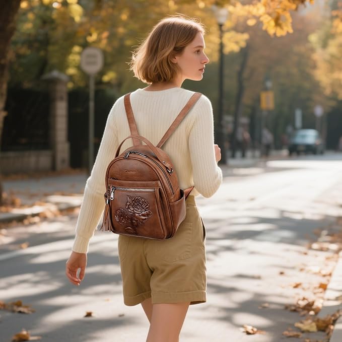 Mini Backpack Purse for Women,Embossed Leather Small Backpack Fashion Travel Backpacks Daypacks Shoulder Handbag (BROWN-Flower)