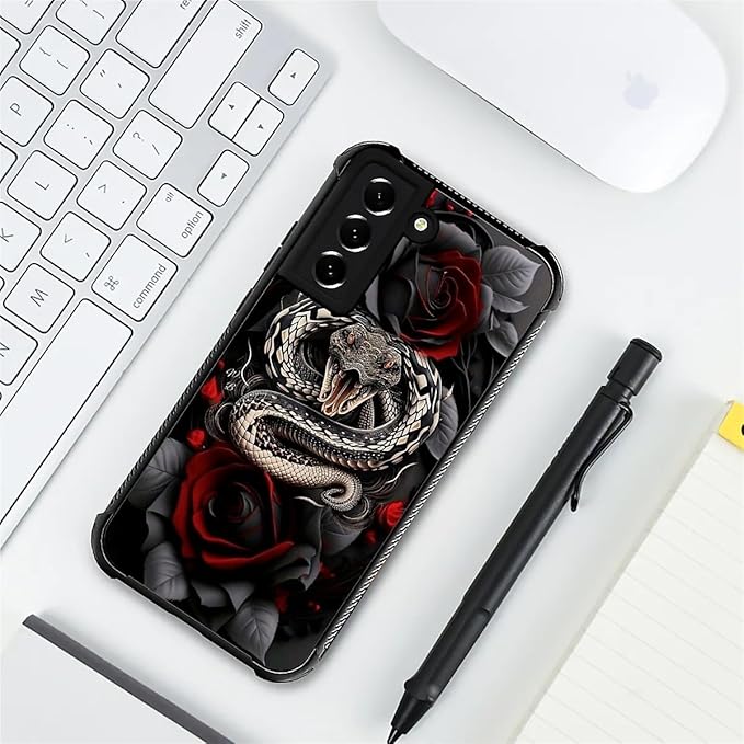 for Samsung Galaxy S21 Case, Entwined Rose Snake Pattern Graphic Design Girl Boy Soft Silicone Hard Acrylic Shock Protection for Samsung Galaxy S21