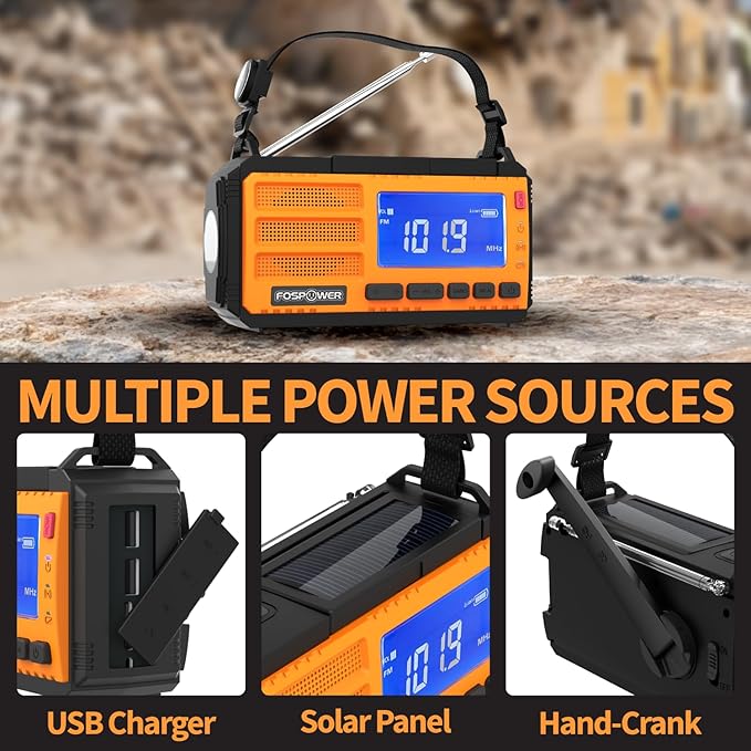 FosPower NOAA Emergency Weather Radio D8 37000mWh Portable Power Bank, AM/FM, USB/Solar/Hand Crank Charging, SOS Alarm & Flashlight for Indoor/Outdoor Emergency - Orange