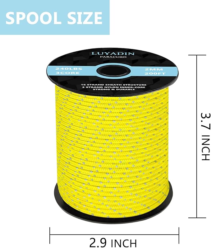 Reflective Paracord 240lb - Diameter 2mm Micro Utility Cord -3 Strand Parachute Spool Cord - 100ft 200ft,Paracord for Camping,Hiking,Fishing,Outdoor and DIY