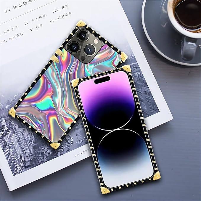 Compatible with iPhone 14 Pro Max Case, Holographic Abstract Iridescent Textures Luxury Golden Decoration for Girl Women Soft TPU Shockproof Protective Hard PC Back