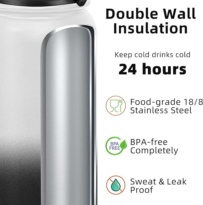 Fanhaw 32 oz Insulated Stainless Steel Water Bottle with Straw Lid, Leakproof Sports Bottle for Men, Women & Teens (White Black)