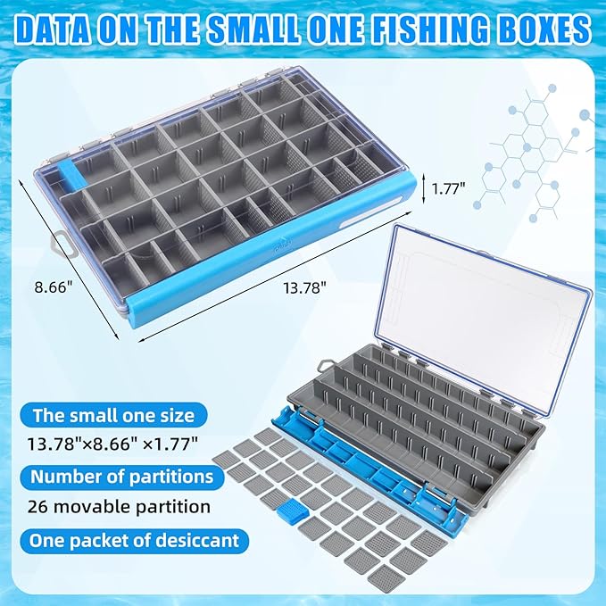 Junkin 6 Pack 3700 Fishing Tackle Boxes Waterproof, Large Blue Lure Organizer Trays with Custom Dividers, Airtight Tackle Storage Case for Saltwater Baits, Swimbaits & Boat Bag Accessories