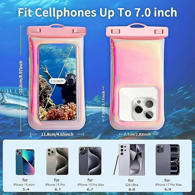 Floatable Waterproof Phone Pouch Case for iPhone 17 16 Pro Max/15/14/13/12, IP68 Travel Cellphone Dry Bag, Beach Cruise Ship Essentials Bags with Crossbody Lanyard,Iridescent Pink(1 Pack)
