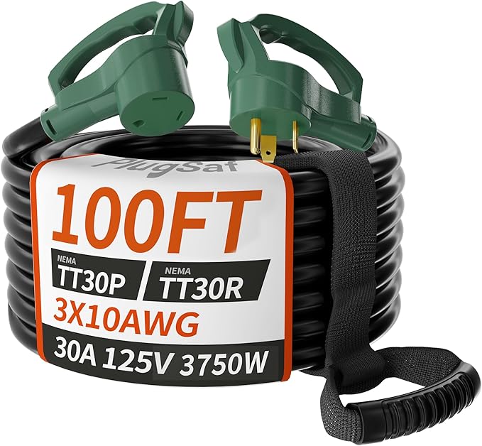 PlugSaf 100 FT 30 Amp RV Extension Cord Outdoor with Grip Handle, Flexible Heavy Duty 10/3 Gauge STW RV Power Cord Waterproof with Cable Organizer, NEMA TT-30P to TT-30R, Black-Green, ETL Listed
