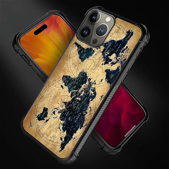 for iPhone 16 Pro Case, Brown World Map Pattern Graphic Design Girl Boy Soft Silicone Hard Acrylic Shock Protection for iPhone 16 Pro