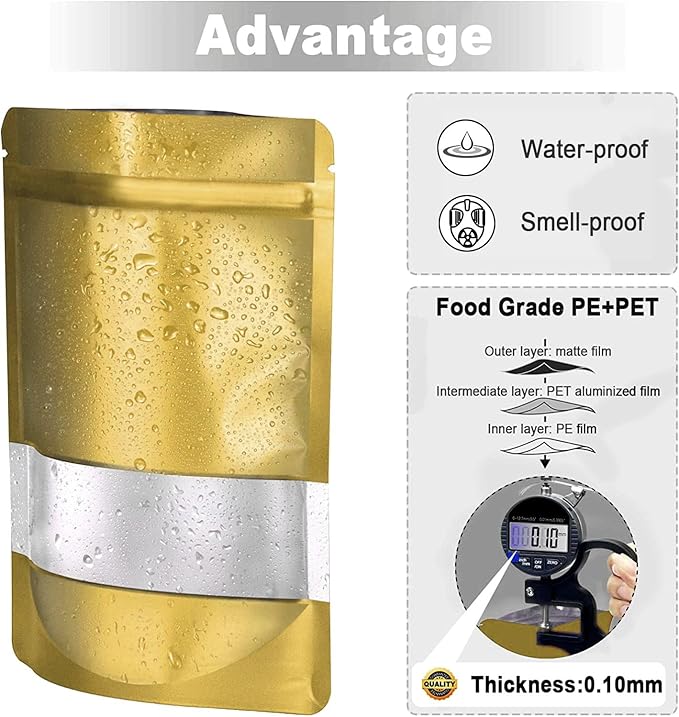 7.1"x10.2" 1 Quart 120pcs Mylar Bags for Food Storage,Smell Proof Bag with Matte Window Resealable Food Storage Bags for Small Business, Stand-up Foil Pouch Packaging Freeze Dried Candy Bag (Gold)