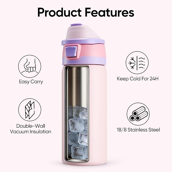Fijinhom 24 oz Insulated Water Bottle with 2-in-1 Straw and Spout Lid, Stainless Steel Double Wall Vacuum Flask, Sports Water Bottle Keeps Cold 24H, Leak Proof for Gym, Outdoor, Travel (Pink)
