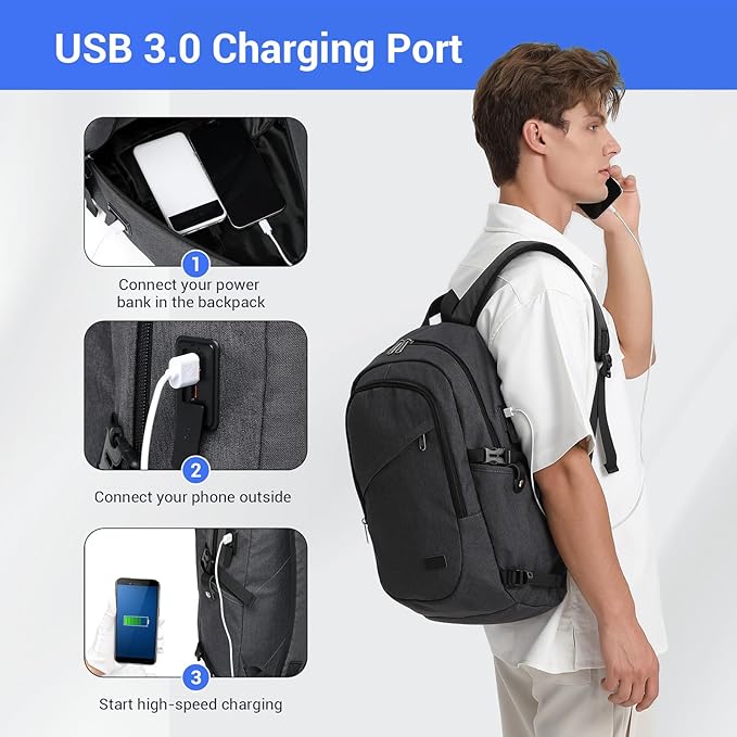 Kono Travel Laptop Backpack with USB Charging Port, Business Anti Theft Slim Sturdy Personal Item Bag, Water Resistant College Computer Daypack for Men & Women Fits 15.6 Inch Notebook, Dark Grey