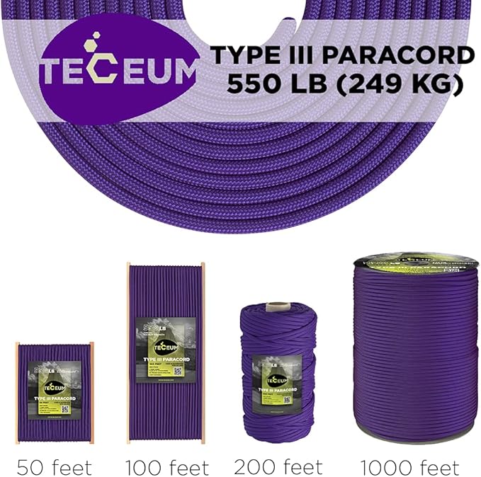 TECEUM 5/32" Paracord Rope 1000 – 1000ft / 200ft / 100ft / 50ft – Tactical Parachute Cord 4mm – 45+ Colors – Nylon String for Survival & Camping Gear – Stripe Cord for Survival – Utility Rope