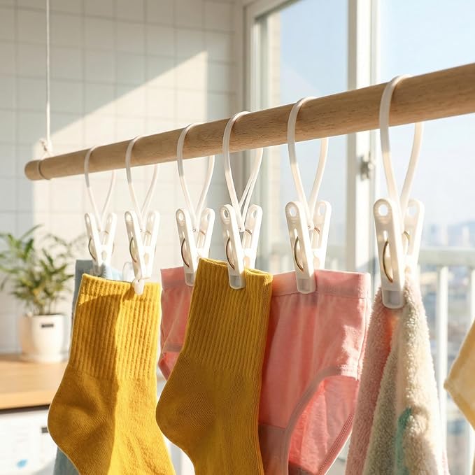 105 Pcs Multi-Purpose Laundry Hooks Hanging Clips Bulk with Plastic Rope Hanger Clips for Baby Clothes Closet Organizer for Pants Hat Sock Boot Bra Towel Bathroom Wardrobe Kitchen, White