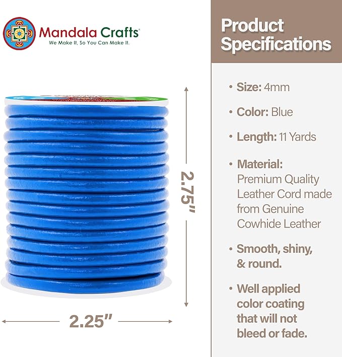 Mandala Crafts Round Genuine Blue Leather Cord for Jewelry Making – 4mm Cowhide Leather Rope String Lace for Kumihimo – 11 Yards Cowhide Craft Cording Spool